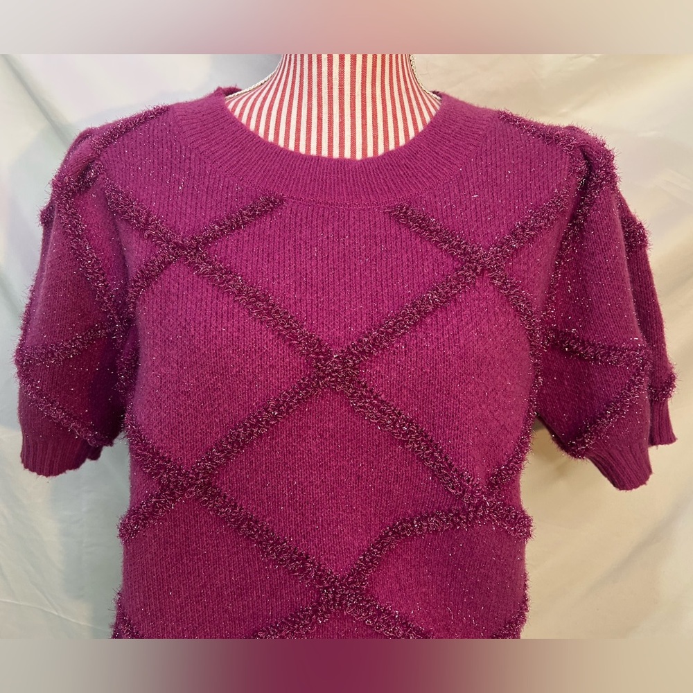 Ces Femme Pink Fuzzy Sparkly Knit Sweater Short Puff Sleeves Size Large - Picture 2 of 8